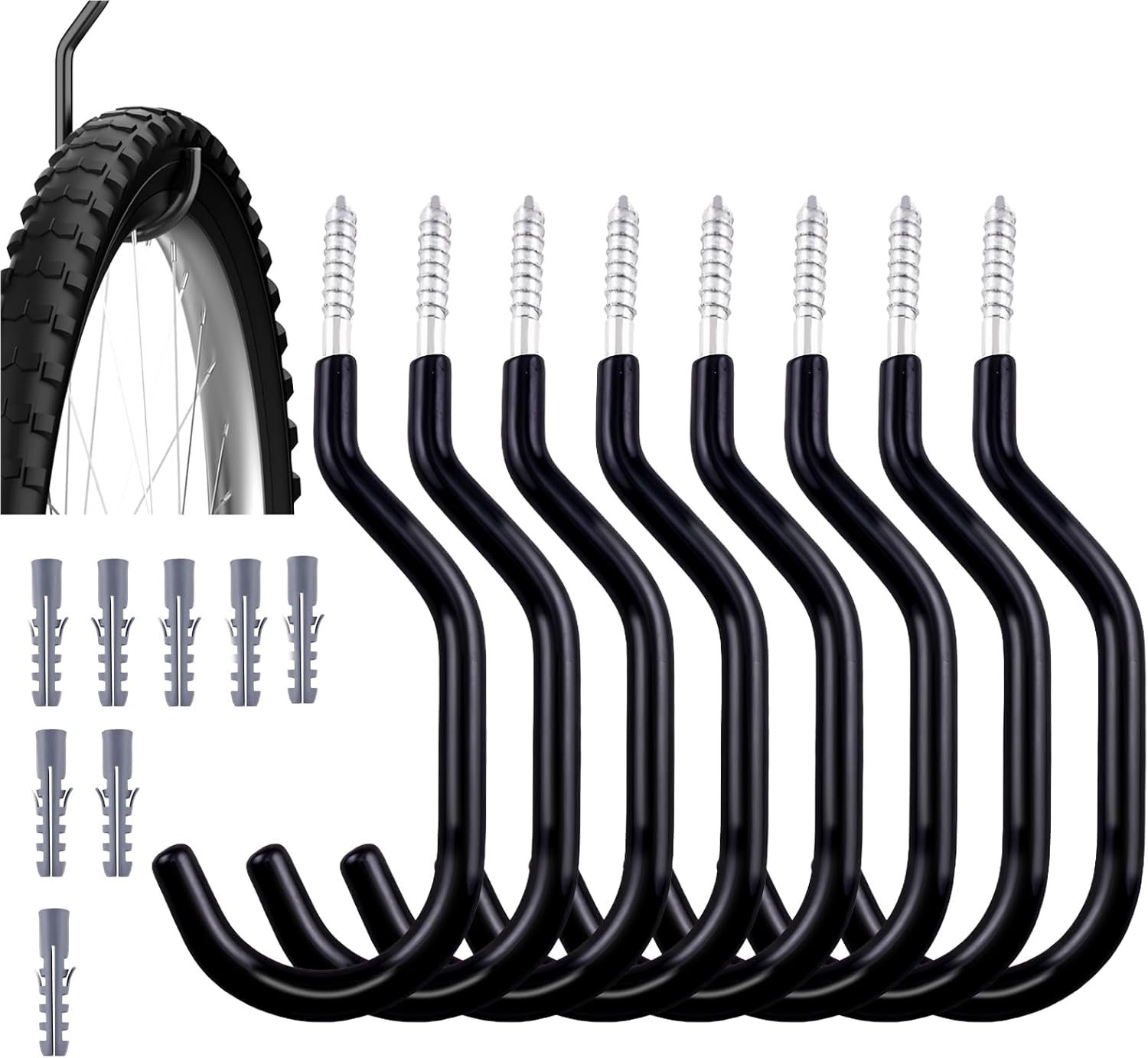 Skiennix Heavy Duty Bike Hooks - Rust Resistant Wall Mount Storage for Bicycles & Tools | 8-Pack
