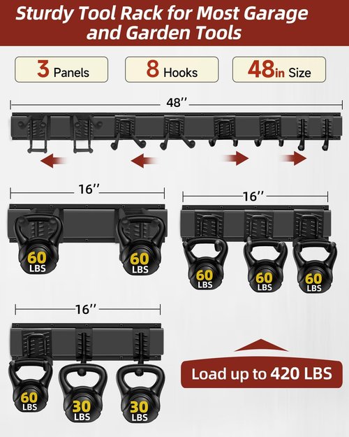 Heavy Duty Metal Garage Storage Organizer by [Brand Name] - 48-Inch Wall-Mounted Tool Rack with 8 Hooks for Shovels, Ladders, and Garden Tools