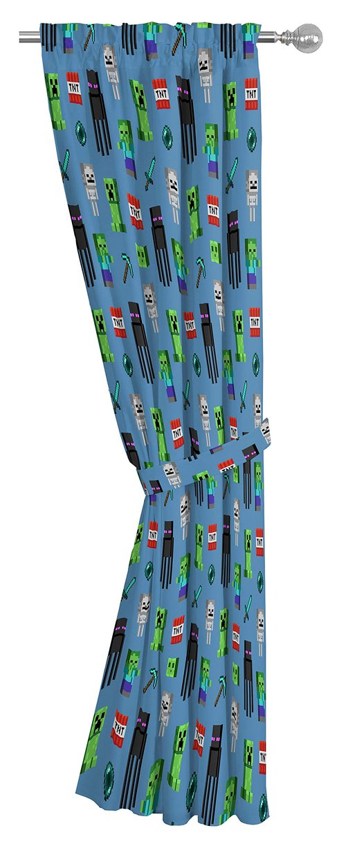 Jay Franco Kids Window Drapes - 4 Piece Curtain Set Includes 2 Tiebacks, Beautiful Bedding Room Décor and Easy Set Up, Blue - Minecraft, 84 Inch