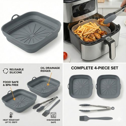 SAMIA 4 Piece Reusable Air Fryer Liners Set | 8 Inch Silicone Air Fryer Liners with Collapsible Design, Basting Brush, and Food Tong – Non-Stick, Dishwasher Safe, Air Fryer Accessories for Cooking