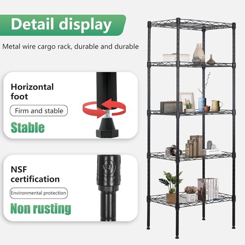 FDW Wire Shelving Unit - 5-Tier Adjustable Metal Storage Rack for Kitchen & Garage | 17"L x 12"W x 48"H, Black