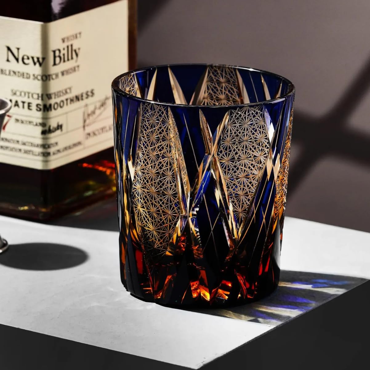 SANMENMO Edo Tokyo Kiriko Style Whiskey Glass – Handmade Crystal Tumbler for Bourbon, Scotch & Cocktails | Cut Glass Design, 8.5Oz | Japanese Old Fashioned Glass, Gift for Men&Women