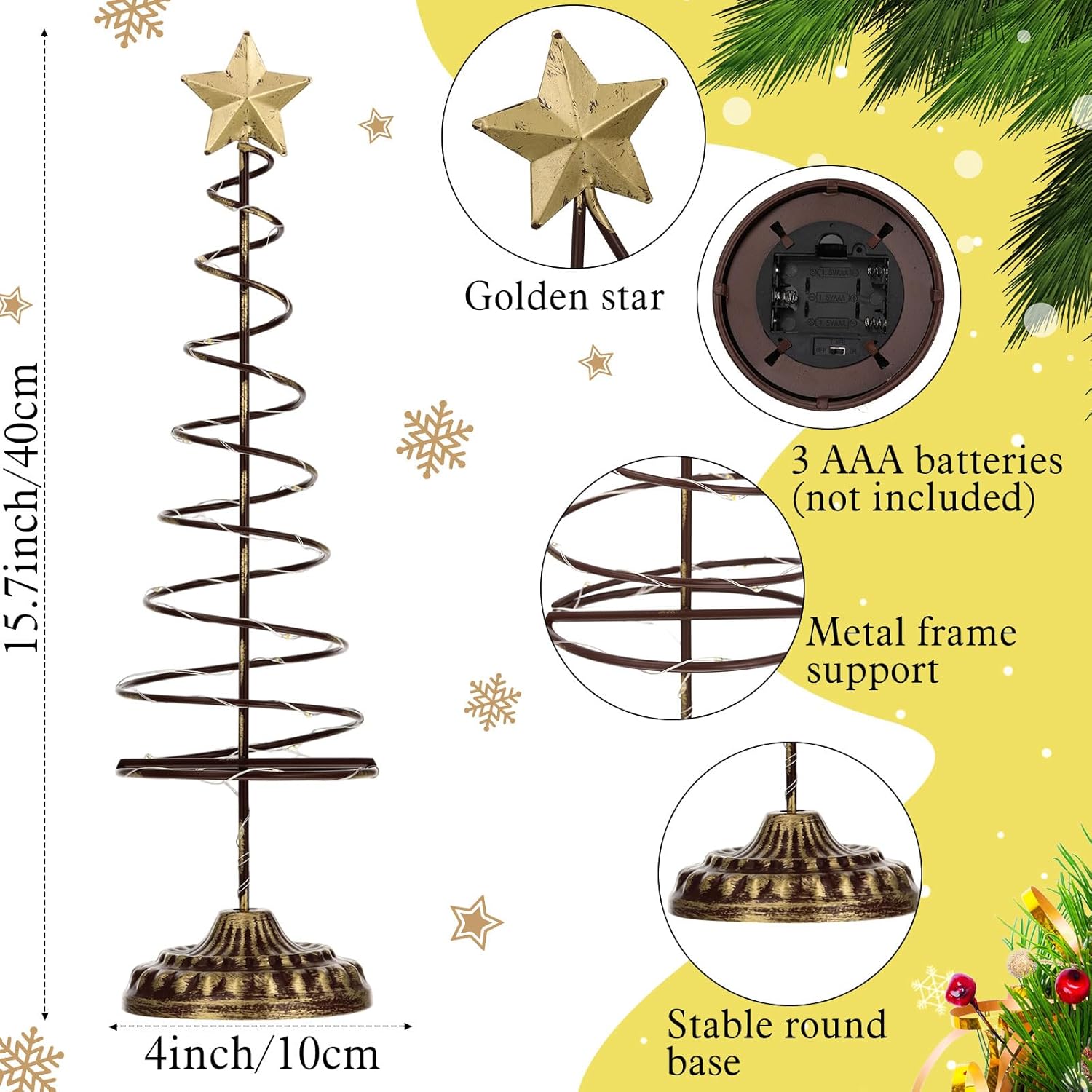 Skiennix Lighted Christmas Tree Table Decoration - Prelit Mini Xmas Tree with Golden Star | Battery Operated, Spiral Design
