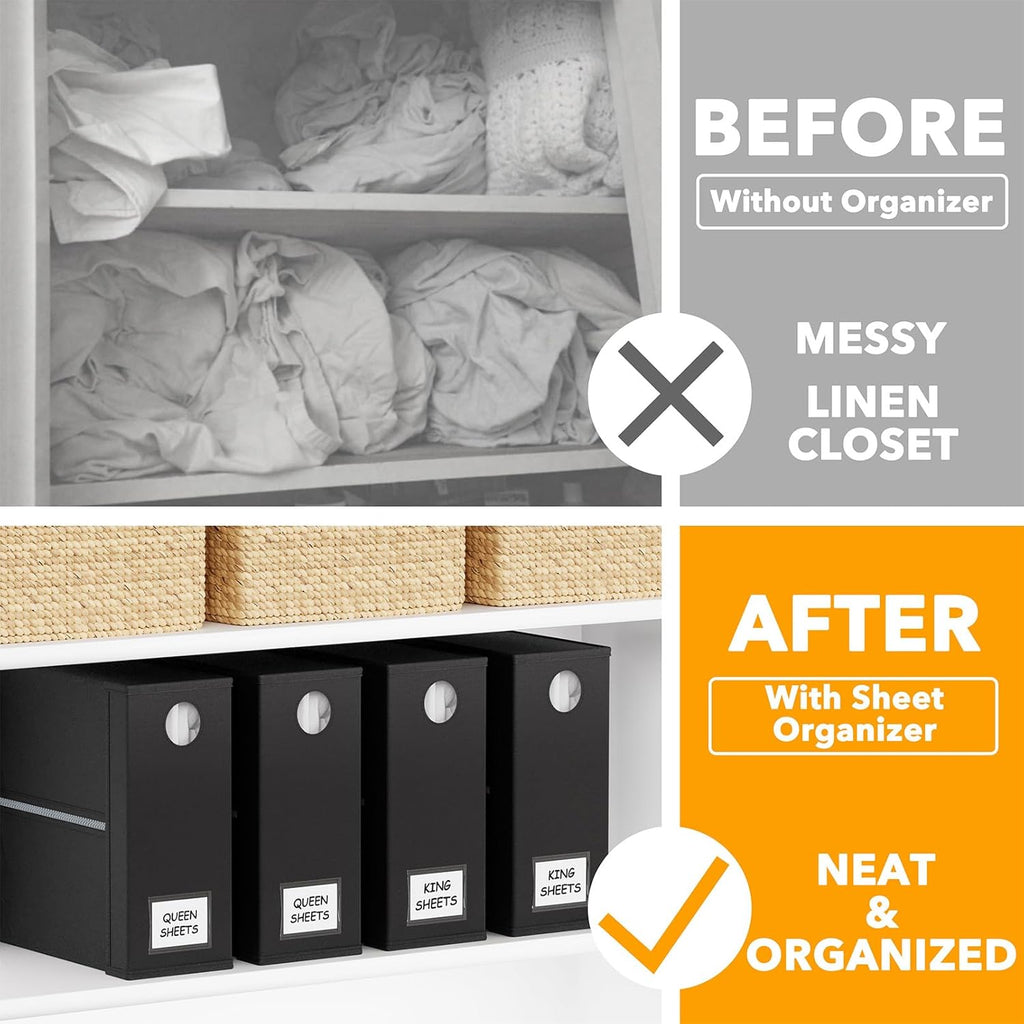 SpaceAid Bed Sheet Organizers - Foldable Linen Closet Storage | XL Black for Queen & King Size Sets