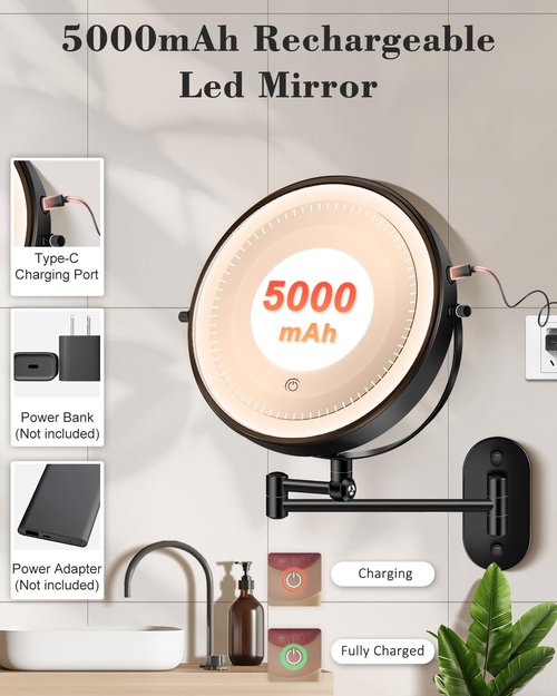 30X/1X Wall Mounted Lighted Makeup Mirror, 9'' Height Adjustable Double Sided 5000mAh Rechargeable Magnifying Bathroom Mirror with Light, 3 Color Modes Touch Dimmable Extended Arm 360 Rotation