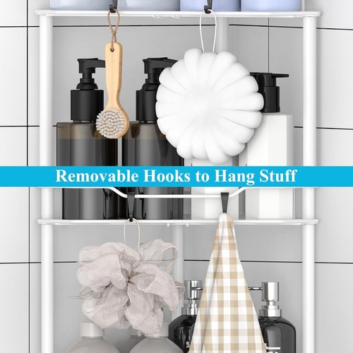 HuggieGems Corner Shower Caddy Organizer - 3 Tier Floor Standing Shelf with Hooks | White Bathroom Storage