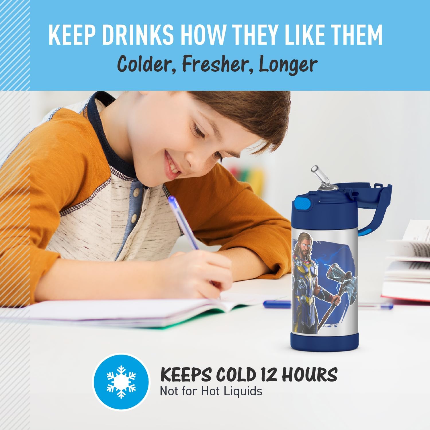 THERMOS FUNTAINER 12 Ounce Kids Straw Bottle - Stainless Steel Vacuum Insulated, Thor Design