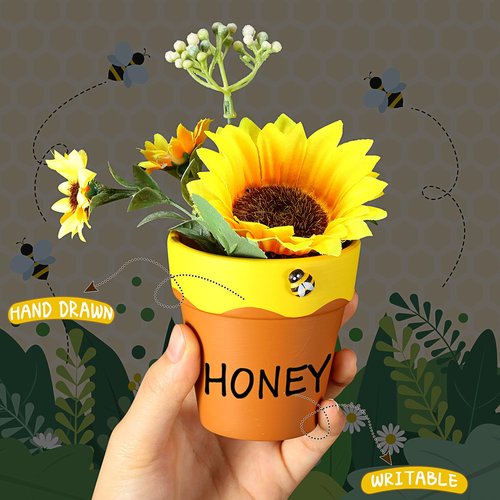 Leinuosen 12 Pcs Honey Bee Pot, 3 Inch Honey Jars for Cupcake, Planter, Bee Themed Party Favors for Baby Shower 1st Birthday Party Supplies and Wedding Gifts (Yellow and Brown)