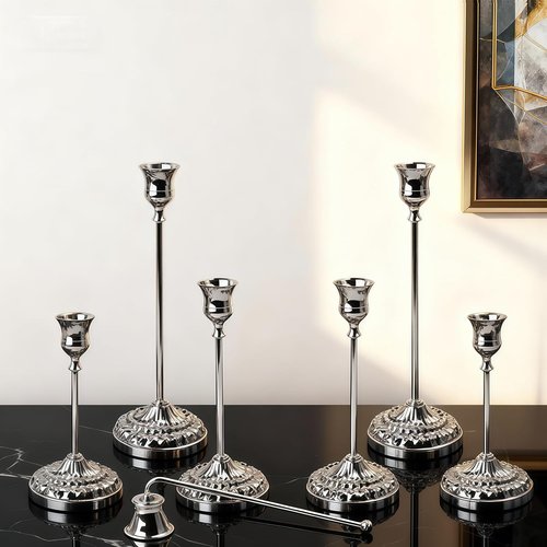 BEAHOT Silver Candle Holders - Set of 6 Elegant Non-Slip Holders with Matching Snuffer for Home Decor