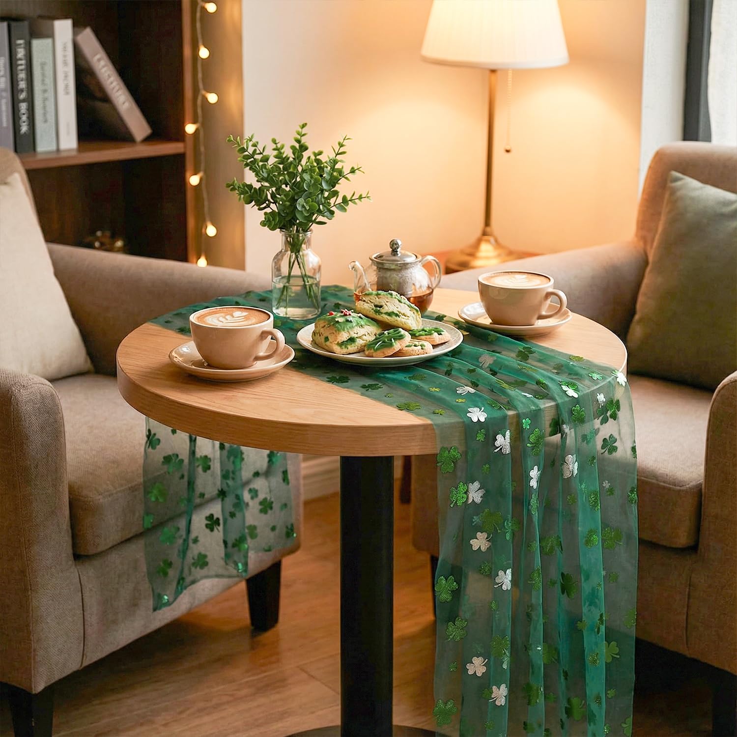 Artoid Mode Green Gauze Shamrocks St.Patrick's Day Table Runner 120 Inch 10FT,Seasonal Sheer Dining Holiday Baby Shower Table Decor for Home Party