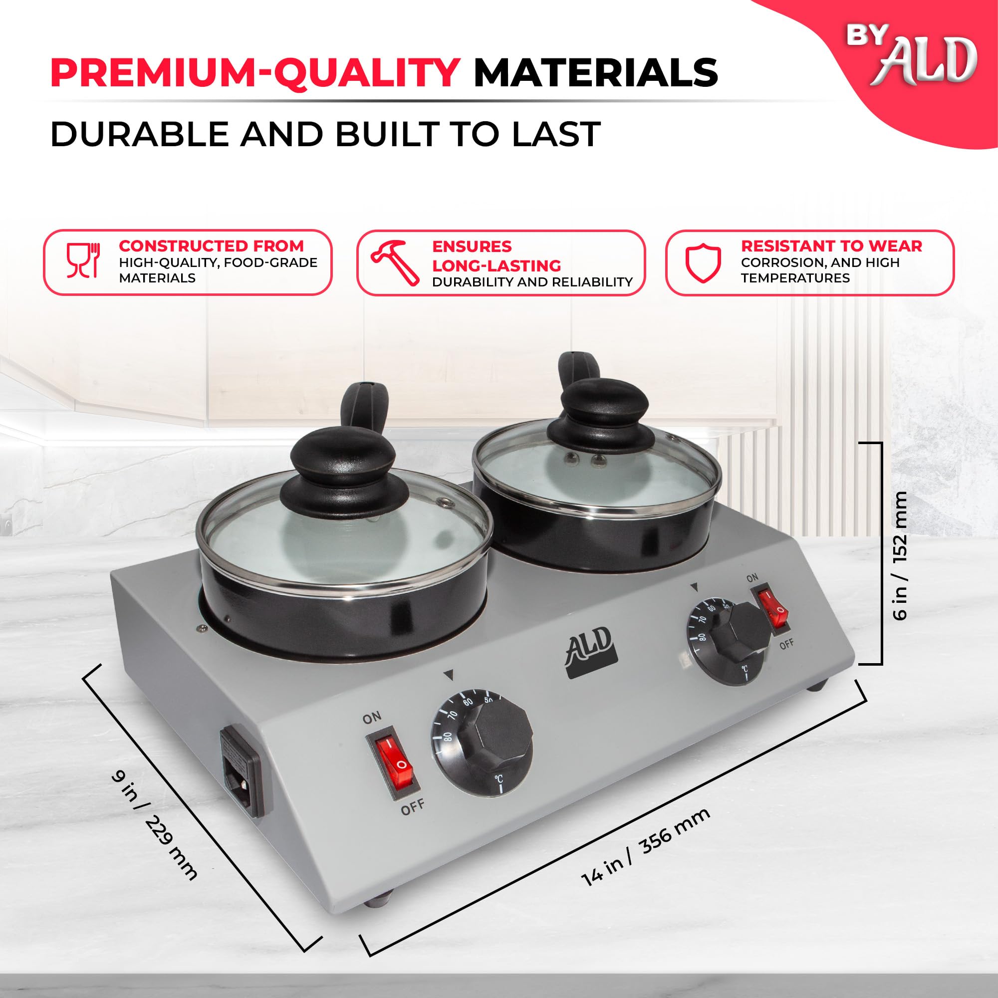 ALDKitchen Professional Chocolate Melting Pot – Dual 1.2L Stainless Steel Tanks, Manual Temperature Control, 110V, Ideal for Candy Making, Baking, and Dessert Decoration (4.5 lb (2.4 kg))