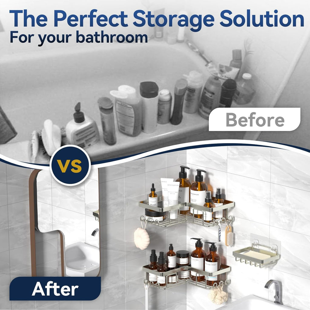 YASONIC Corner Shower Caddy - 3-Pack Adhesive Organizer with Soap Holder & 12 Hooks | Rustproof Stainless Steel, Nickel