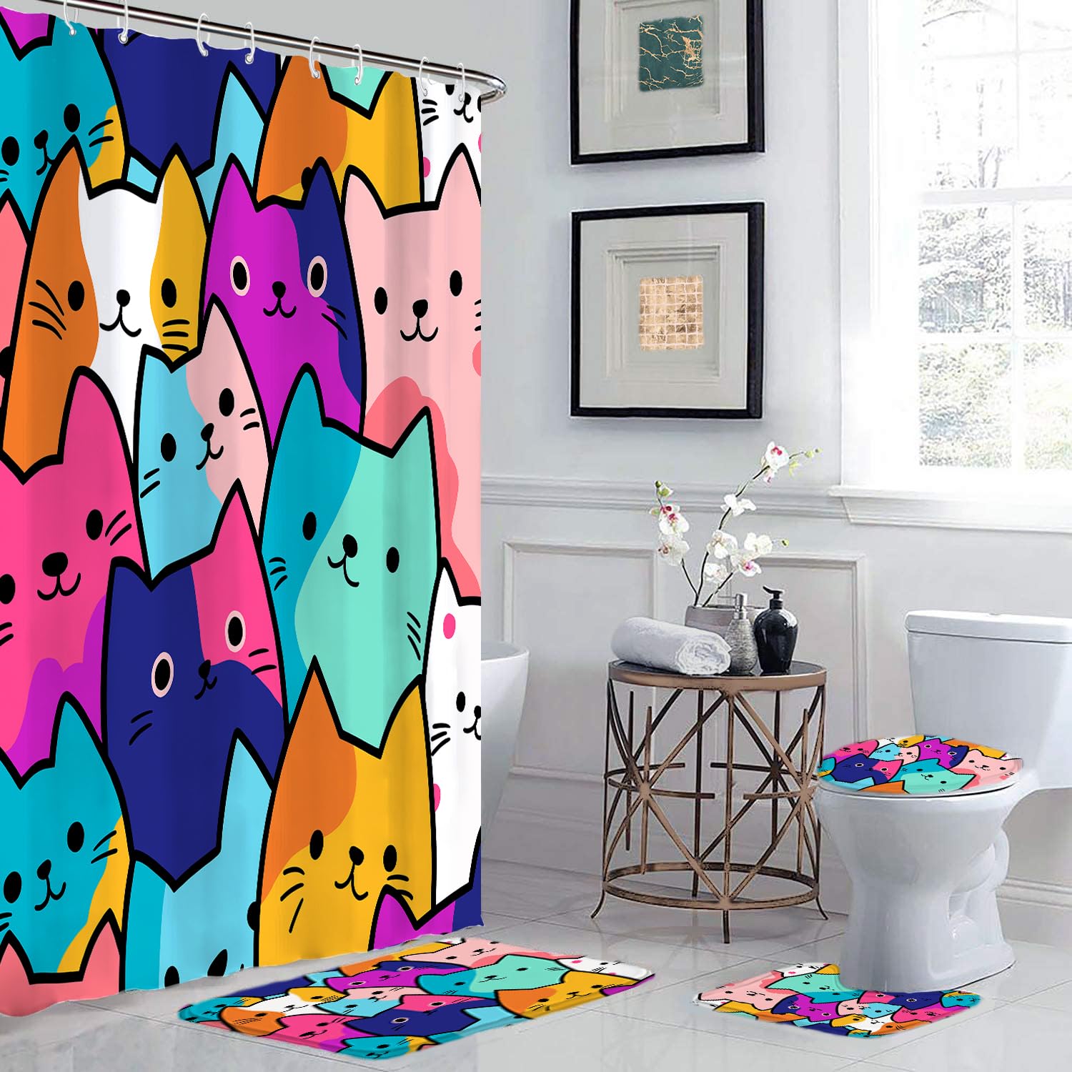 GRIEKOWE 4 Pcs Educational Kids Shower Curtain Set with Non-Slip Rugs, Months, Days, Shapes, and Multiplication Table for Learning – Fun Cartoon Animals Design, Bathroom Decor for Children 72Lx72in