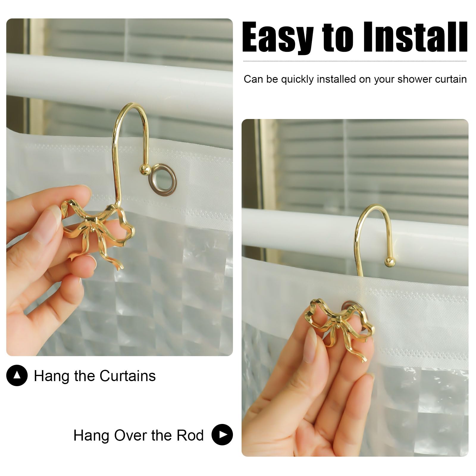 Bow Decorative Shower Curtain Hooks, Fshion Bowknot Shower Curtain Rings, Modern Bow Shower Curtain Hangers, 12PCS Shower Hooks for Shower Curtain, Home Decor, Bathroom, Bedroom, Living Room (Gold)