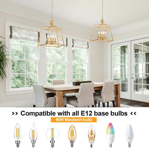 15.7 Inch Gold Farmhouse Chandeliers for Dining Room, 4-Light Dining Light Fixture with E12 Base, Adjustable Height Kitchen Chandeliers Over Table, Chandelier Light for Kitchen Island Foyer Hallway
