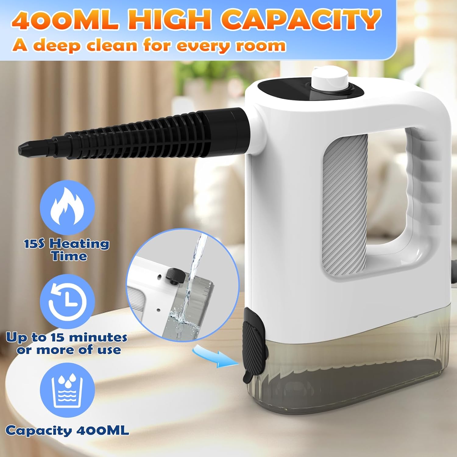 Skiennix Handheld Steam Cleaner - 3-Level Adjustable, 15s Heat-Up, 400ML Capacity, 14 Accessories Included