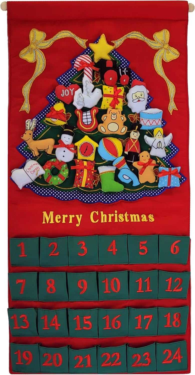 Pockets of Learning Merry Christmas Green Tree Advent Calendar - Festive Fabric Wall Hanging | 24 Stuffed Ornaments