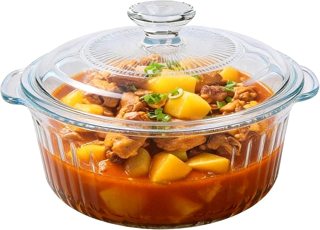 Round Glass Casserole Dish With Lid - 2.4QT Borosilicate Oven Baking Dish | Clear Cookware for Cooking & Serving