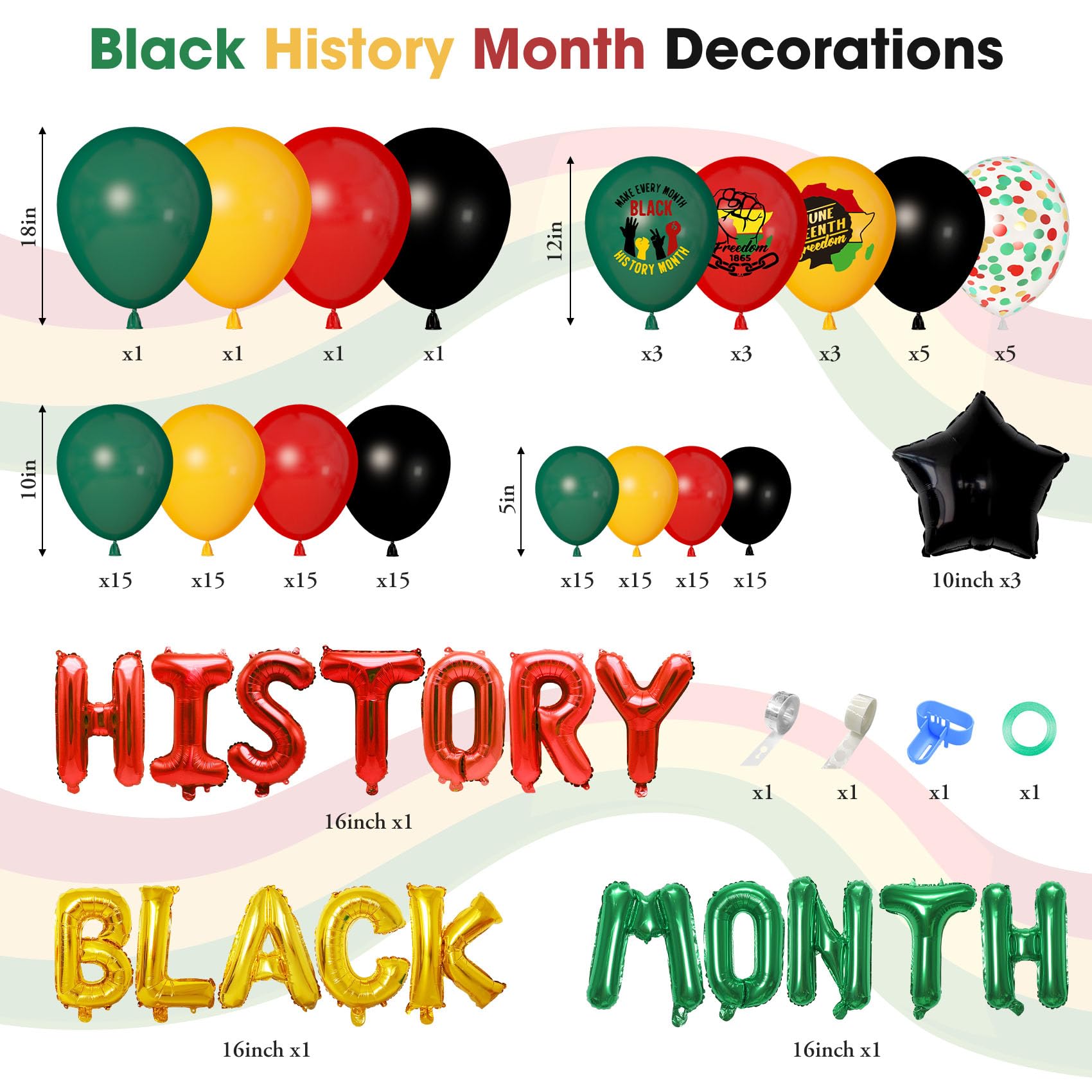 Ouddy Life 154Pcs Black History Month Decorations, History Month Balloons with Green Red Yellow Black History Printed Letter Stars Foil Balloon for African American