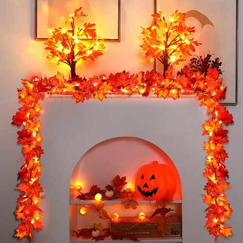 Fall Decorations Lighted Fall Garland, 9FT 50 Count Incandescent Lights Brown Wire UL Certified Connectable Maple Leaves String Lights for Home Party Fireplace Mantle Thanksgiving Decor (Orange, 9FT)