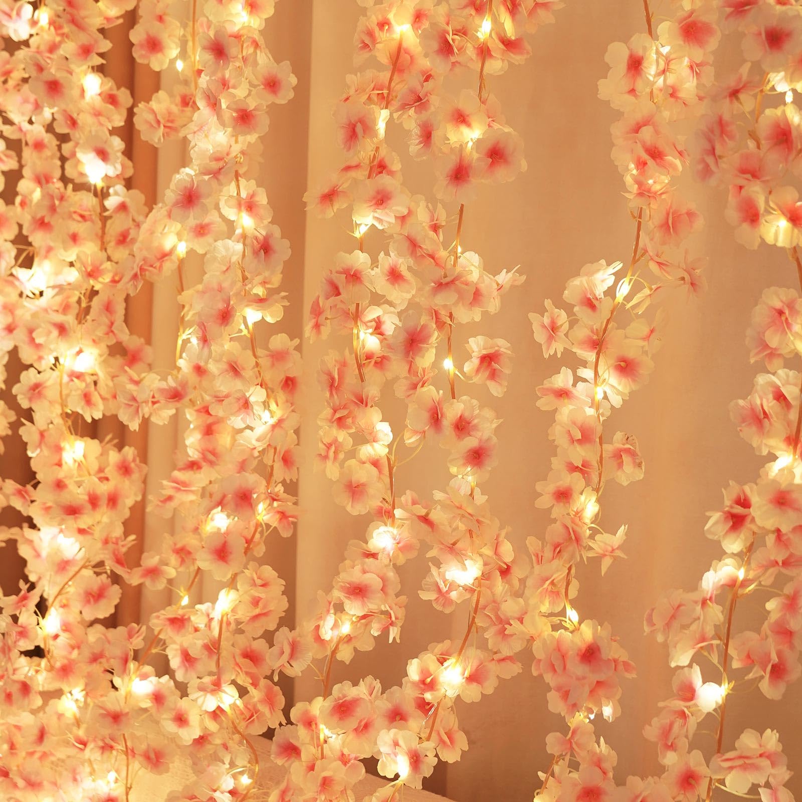 Lfasww Artificial Cherry Blossom Lights，190 LED 5.5ft x 6.2ft Warm White Curtain String Lights with Remote and Timer, 8 Modes, USB Powered for Room Wall Party Xmas Decor