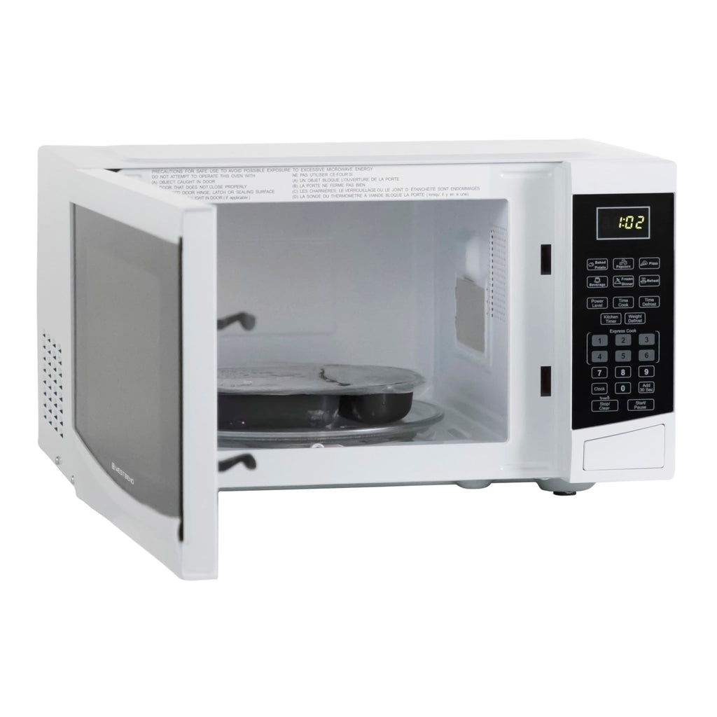 West Bend Microwave Oven 900-Watts Compact with 6 Pre-Set Cooking Settings, Speed Defrost, Electronic Control Panel and Glass Turntable, 0.9 Cu.Ft., White