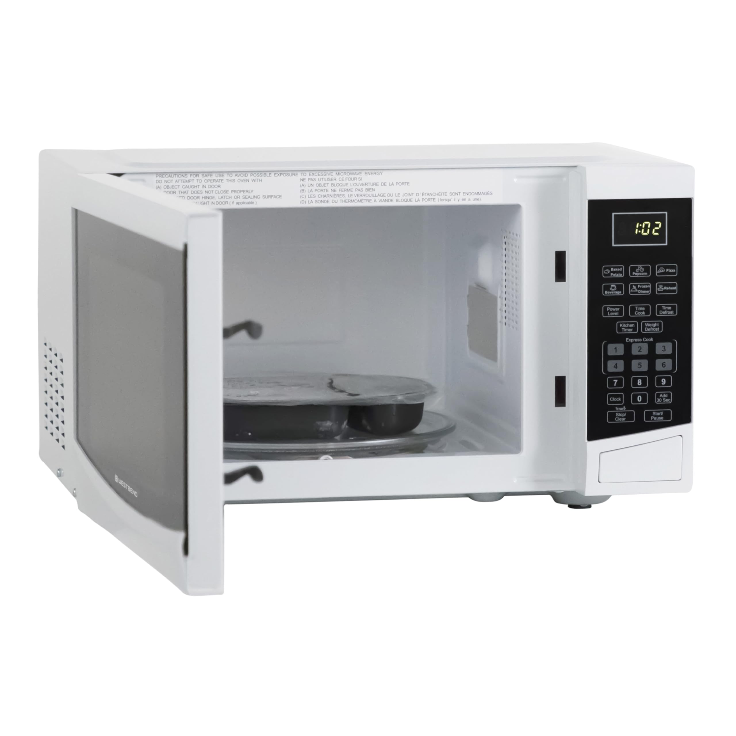 West Bend Microwave Oven 900-Watts Compact with 6 Pre-Set Cooking Settings, Speed Defrost, Electronic Control Panel and Glass Turntable, 0.9 Cu.Ft., White