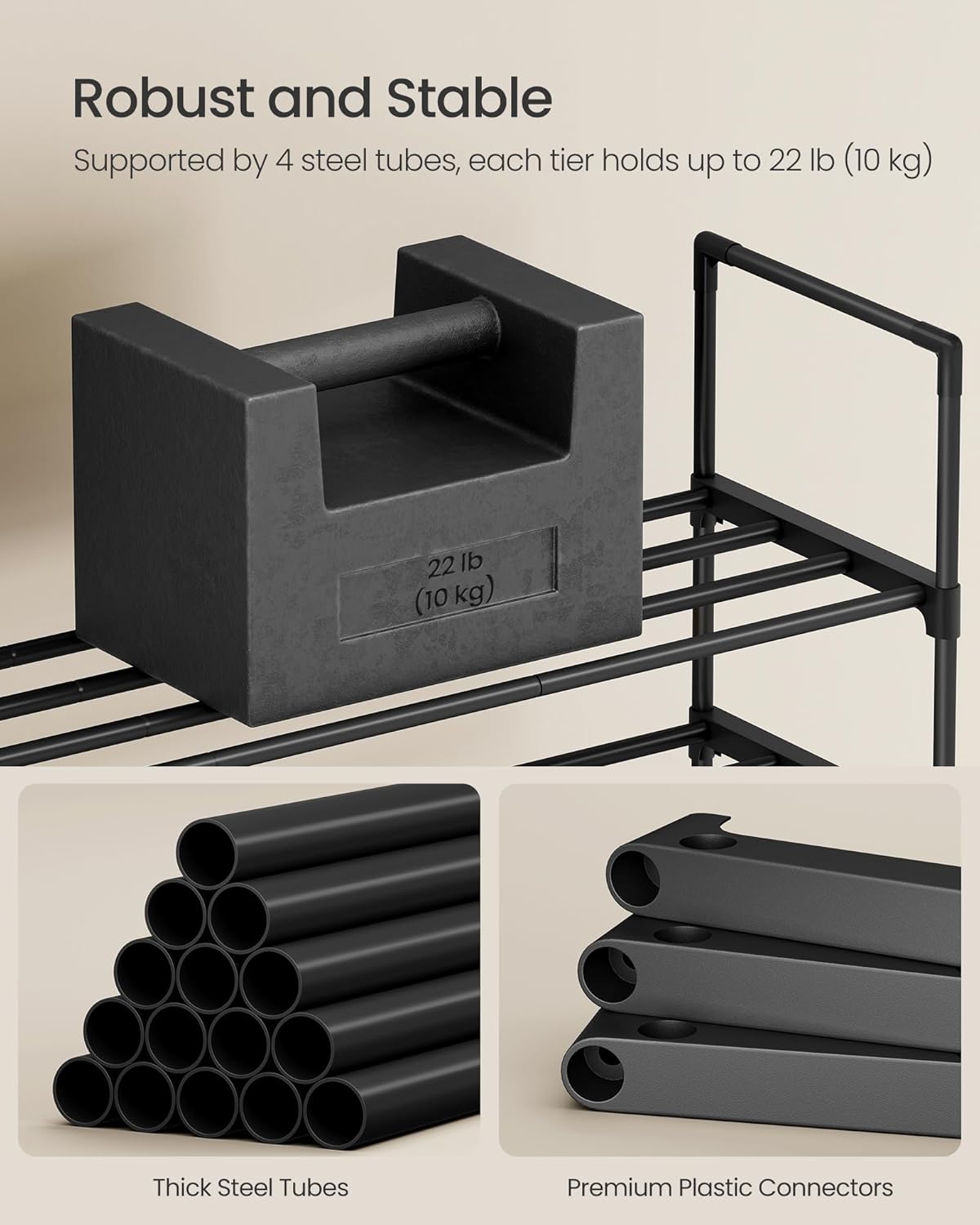 SONGMICS 10-Tier Shoe Rack - Versatile Metal Organizer for 44-55 Pairs | Black, 11.8 x 36.2 x 68.1 Inches