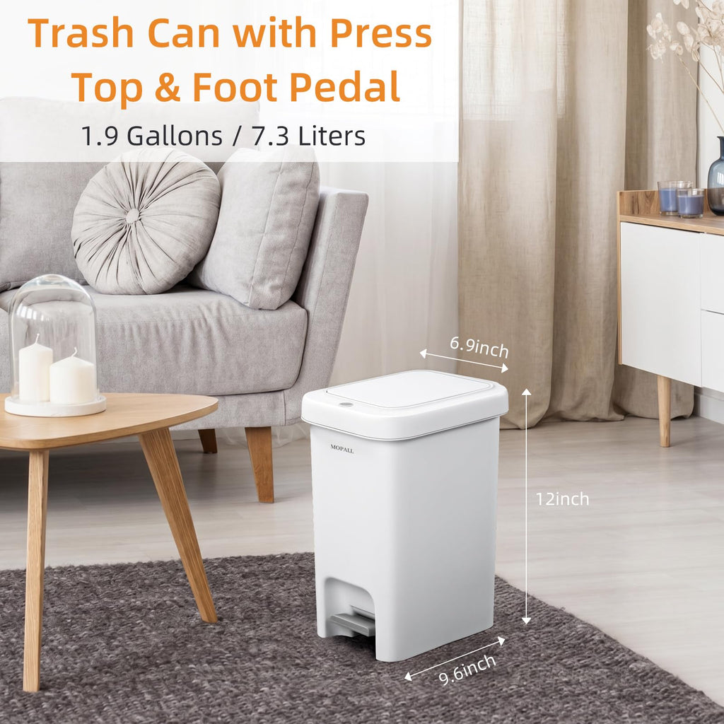 MOPALL 1.9 Gallon Slim Bathroom Trash Can with Lid - Dual-Way Opening (Step Pedal & Press Top) Small Trash Can for Narrow Spaces, Rust-Proof Wastebasket Small Garbage Can for Bathroom, Bedroom, Office