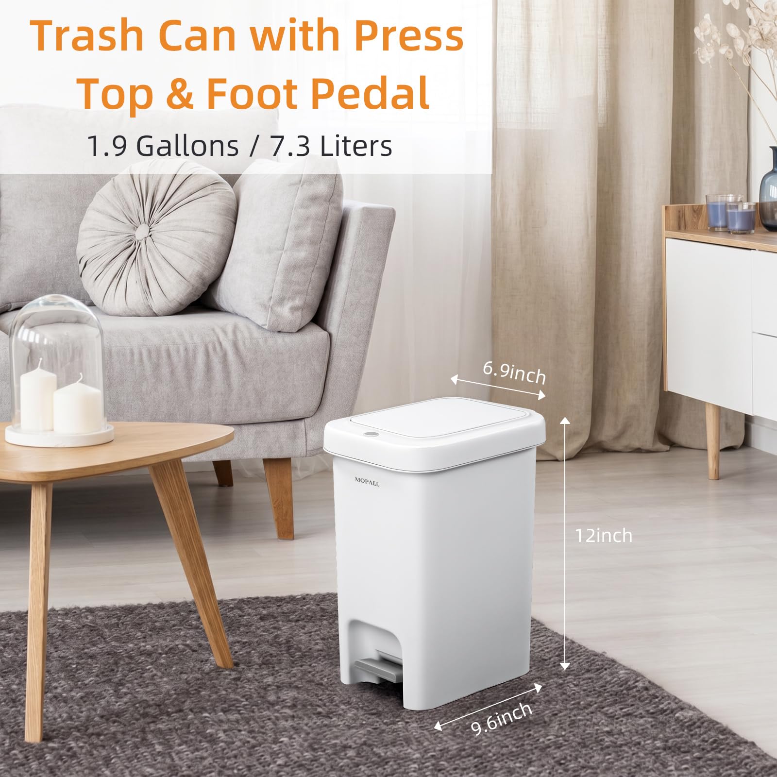MOPALL 1.9 Gallon Slim Bathroom Trash Can with Lid - Dual-Way Opening (Step Pedal & Press Top) Small Trash Can for Narrow Spaces, Rust-Proof Wastebasket Small Garbage Can for Bathroom, Bedroom, Office