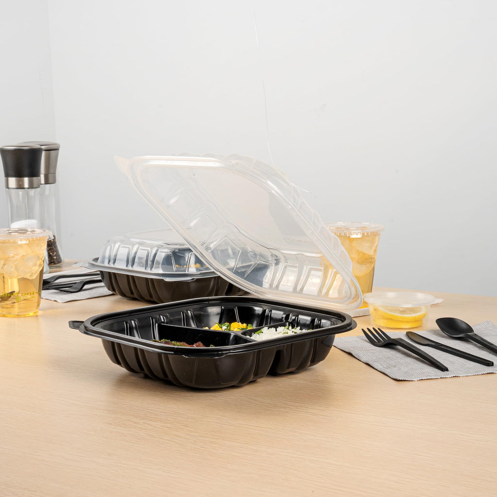 Thermo Tek 40 Ounce Clamshell Containers, 100 Disposable Take Out Boxes - 3 Compartments, Ventilated Lids, Black Plastic Meal Prep Containers, Microwavable, For Pasta Or Salads - Restaurantware