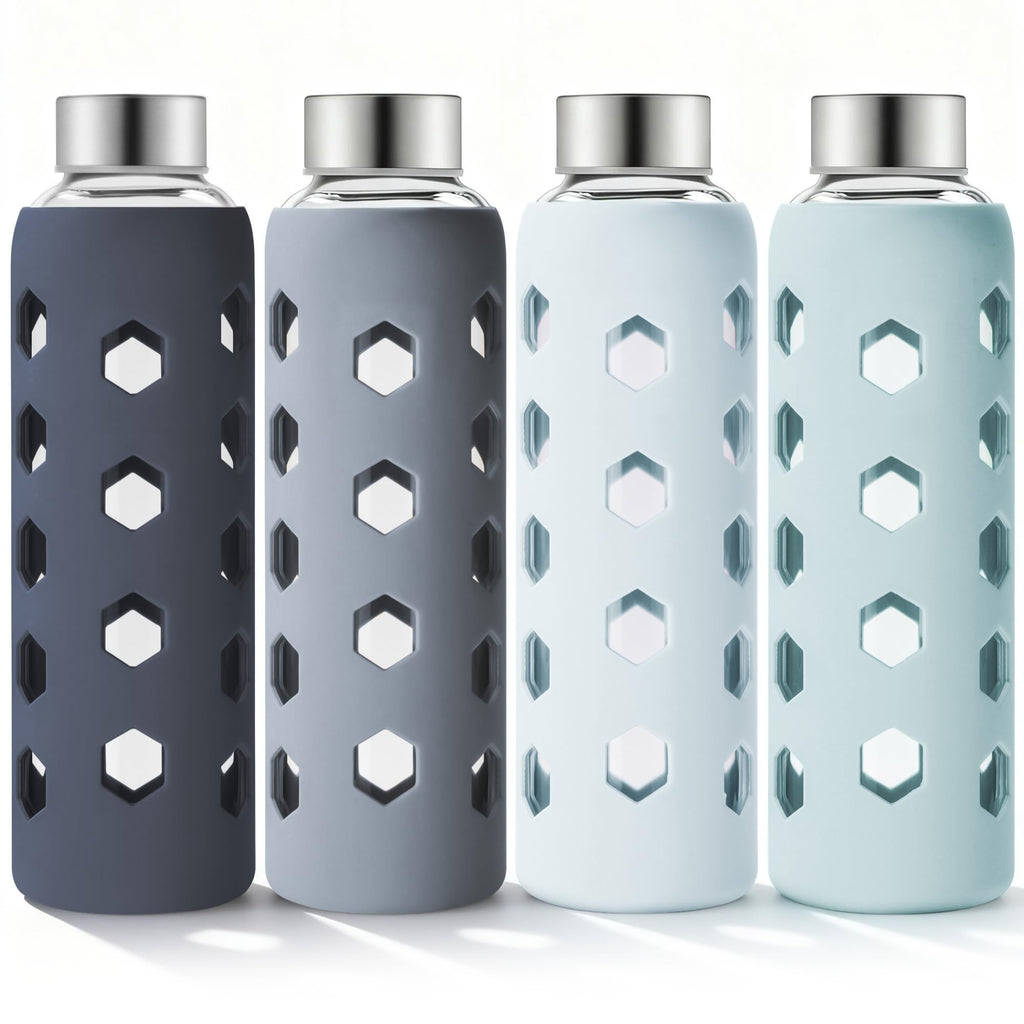 Mrsdry Glass Juice Bottles with Lids and Silicone Sleeves 18 oz, 4-Pack Reusable Clear Glass Water Bottles with Stainless Steel Airtight Cap for Juicing, Refrigerator, BPA Free Leak-Proof Drinking Jar