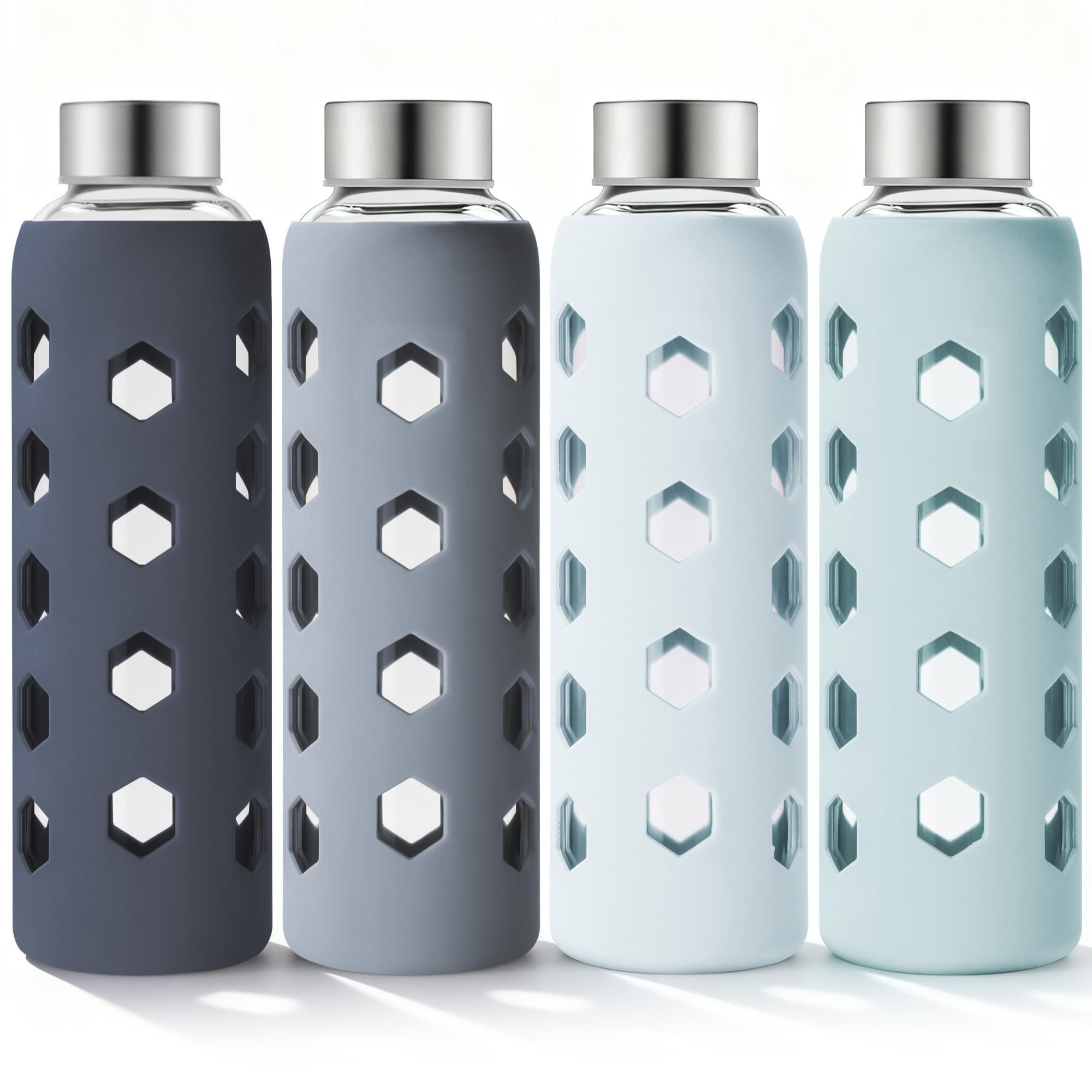 Mrsdry Glass Juice Bottles with Lids and Silicone Sleeves 18 oz, 4-Pack Reusable Clear Glass Water Bottles with Stainless Steel Airtight Cap for Juicing, Refrigerator, BPA Free Leak-Proof Drinking Jar