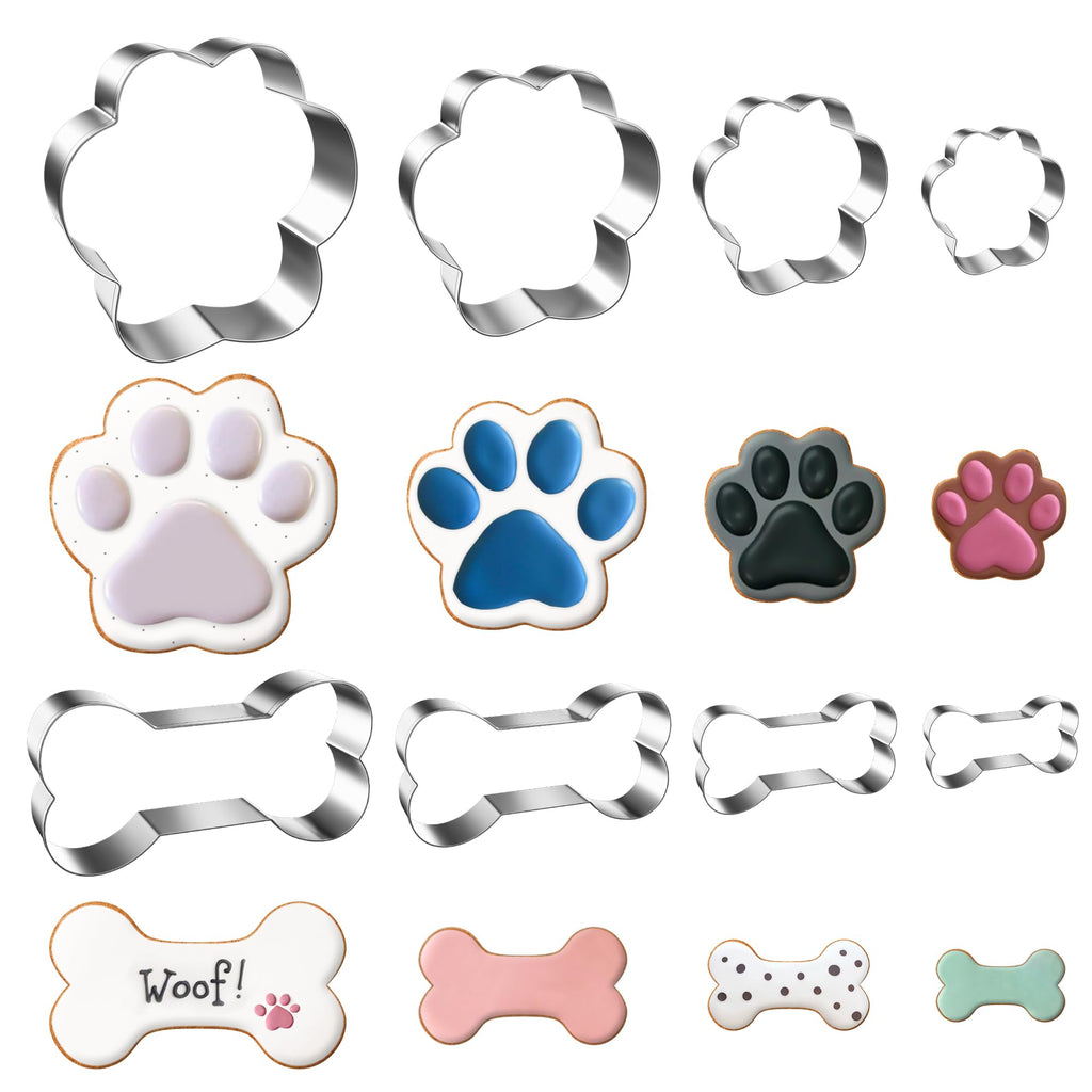 FUSOTO 8PCS Dog Paw Bone Cookie Cutter Set, Stainless Steel Baking Supplies for Homemade Cookies, Dog Paw Bone Cookie Cutters Shapes Biscuit Molds for Treat