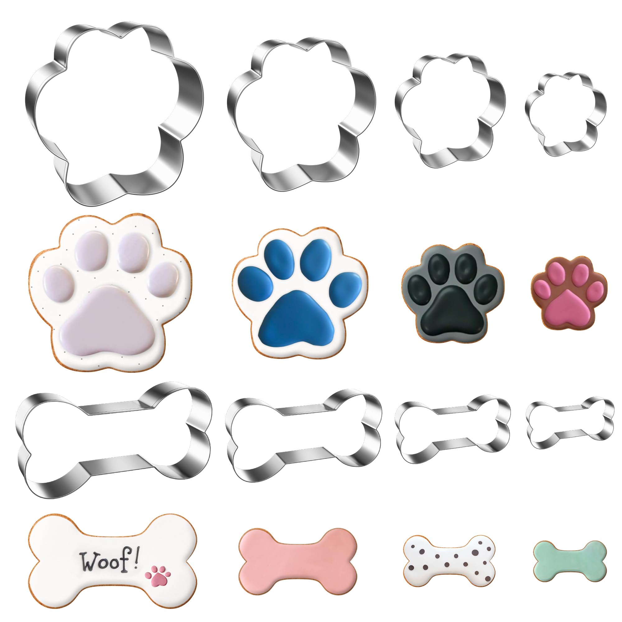 FUSOTO 8PCS Dog Paw Bone Cookie Cutter Set, Stainless Steel Baking Supplies for Homemade Cookies, Dog Paw Bone Cookie Cutters Shapes Biscuit Molds for Treat