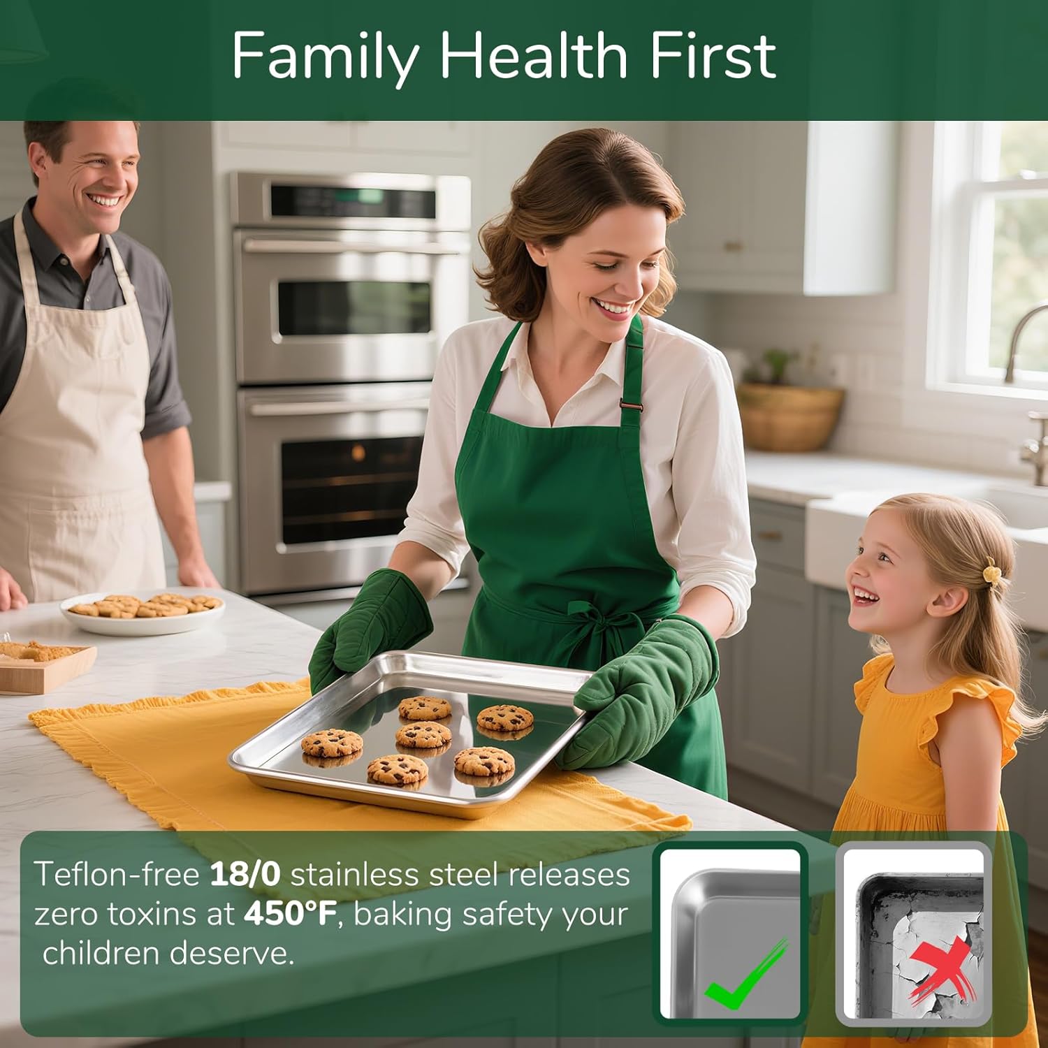 Skiennix 12.4 Inch Stainless Steel Baking Sheet - Oven-Safe, Non-Toxic & Rust Resistant for Healthy Baking