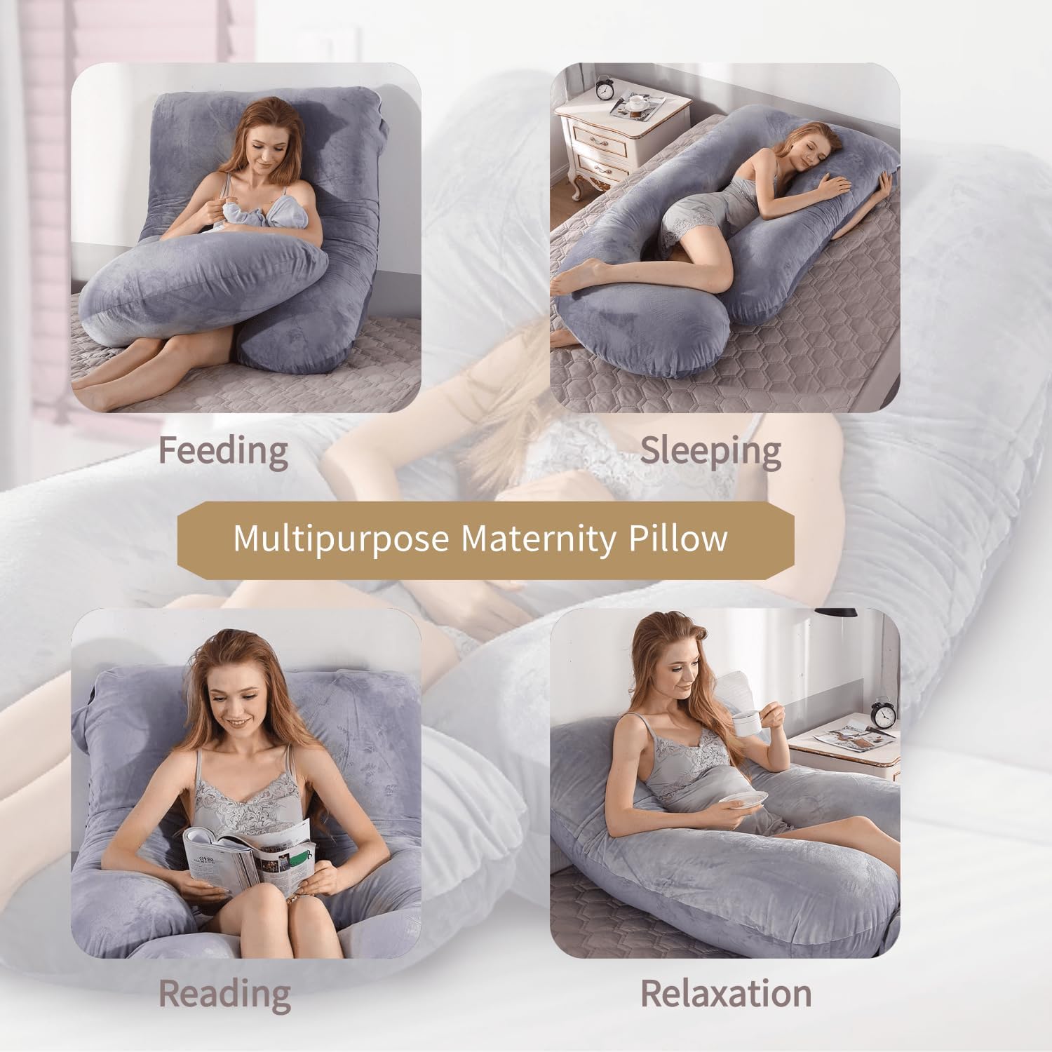 Skiennix 60-Inch U-Shaped Pregnancy Pillow - Cooling Full Body Support with Removable Velvet Cover | Grey