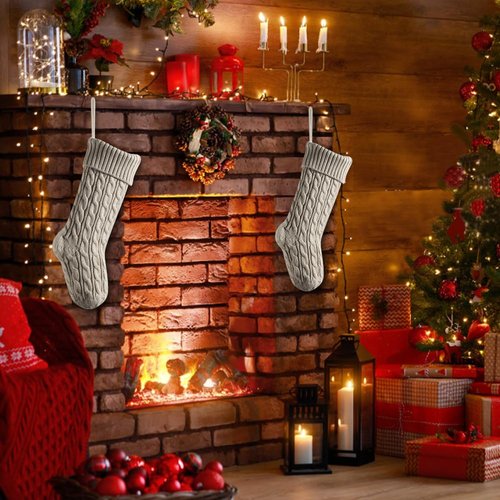 meioro 18 Inches Christmas Stockings, Large Size Cable Knitted Xmas Stocking for Kids, Fireplace Hanging Stockings for Family Holiday Party Decorations (Khaki)