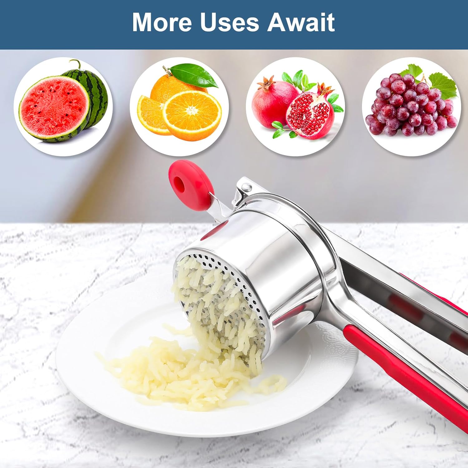 Skiennix 15 oz Stainless Steel Potato Ricer - Heavy Duty Masher with Silicone Grip for Smooth Purees