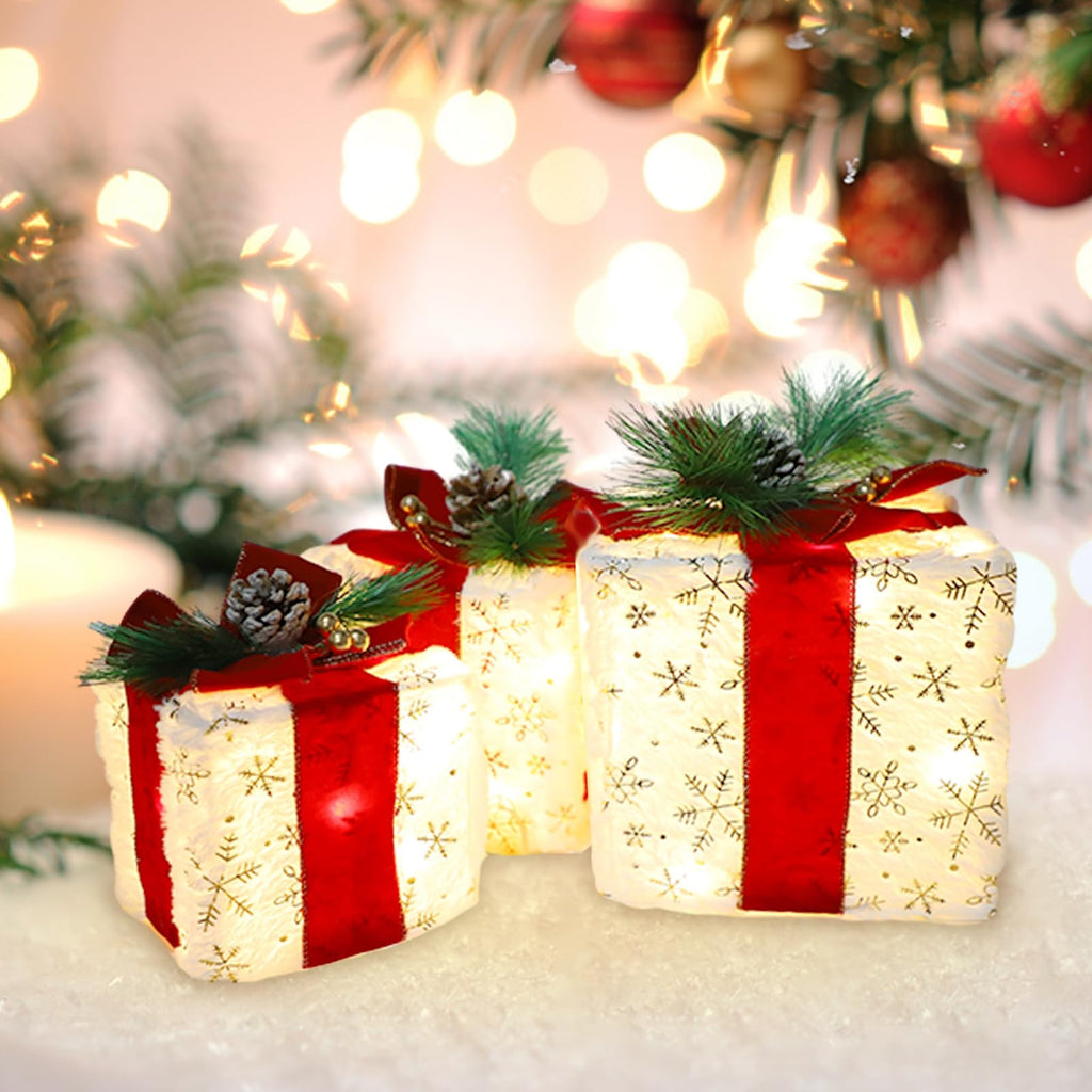 MorTime Christmas Lighted Boxes with Bows, Set of 3 Plush Gift Boxes with Gold Snowflake Pinecone Berry, Present Boxes with 60 LEDs for Christmas Decorations