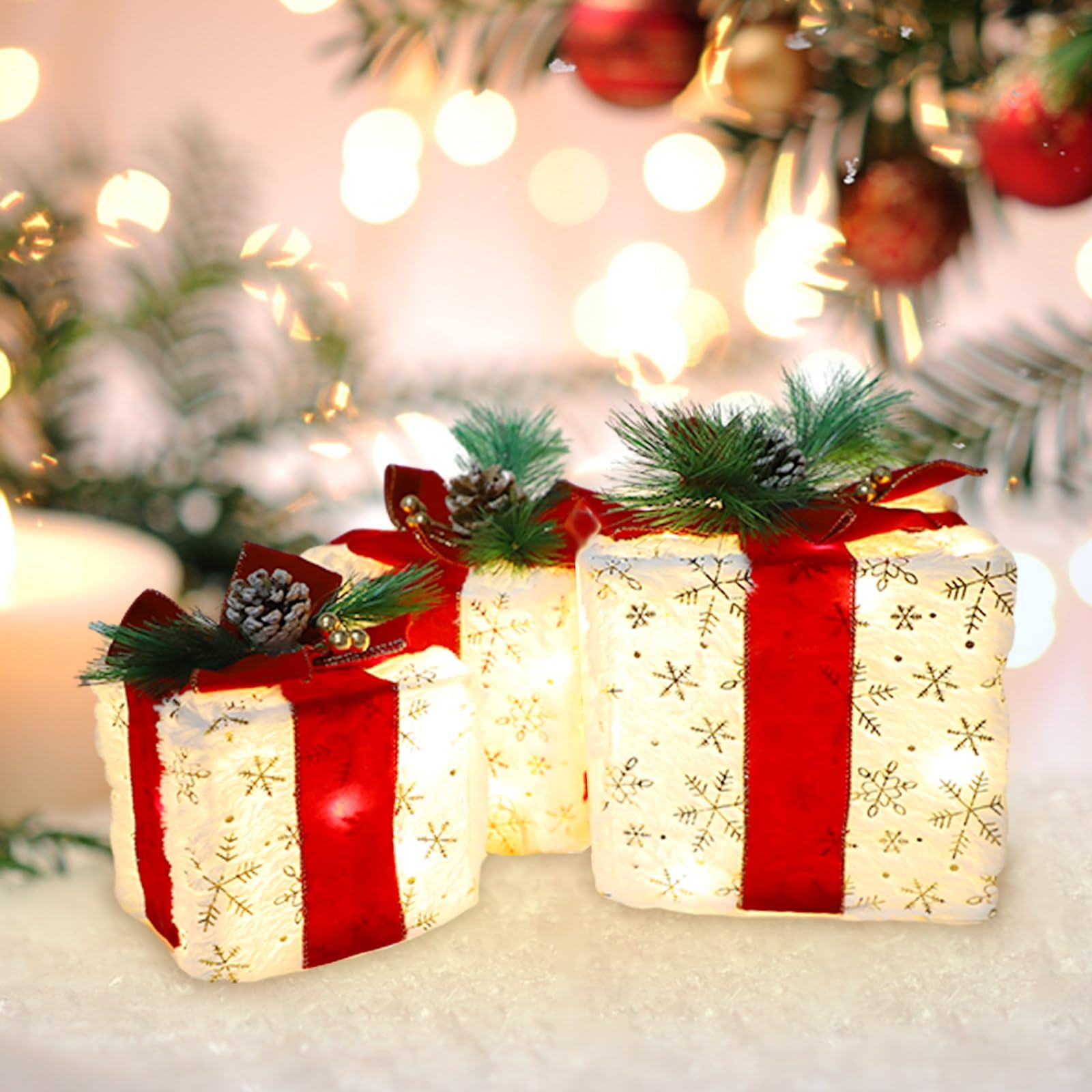 MorTime Christmas Lighted Boxes with Bows, Set of 3 Plush Gift Boxes with Gold Snowflake Pinecone Berry, Present Boxes with 60 LEDs for Christmas Decorations