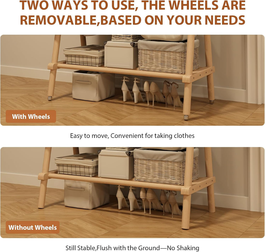 Muwuele Solid Wood Clothing Rack - Portable Rolling Garment Rack with Shelves | 350 Lbs Capacity, Natural Finish