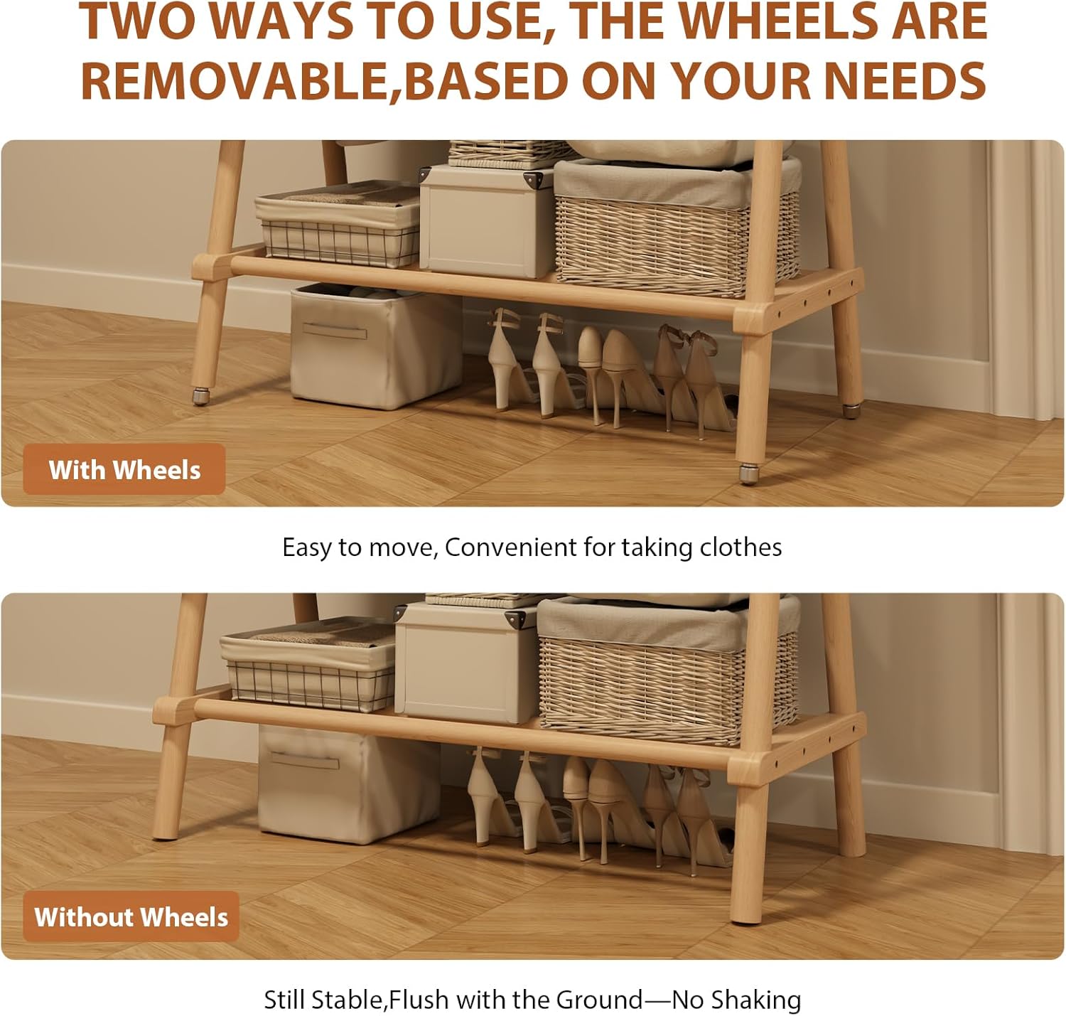 Muwuele Solid Wood Clothing Rack - Portable Rolling Garment Rack with Shelves | 350 Lbs Capacity, Natural Finish