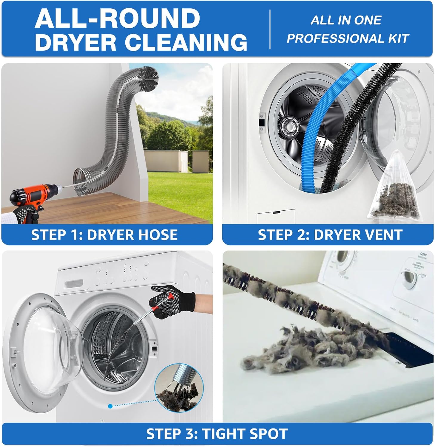 PetOde 40-Feet Dryer Vent Cleaner Kit - 22-Piece Lint Removal Tools with Flexible Brush & Attachments