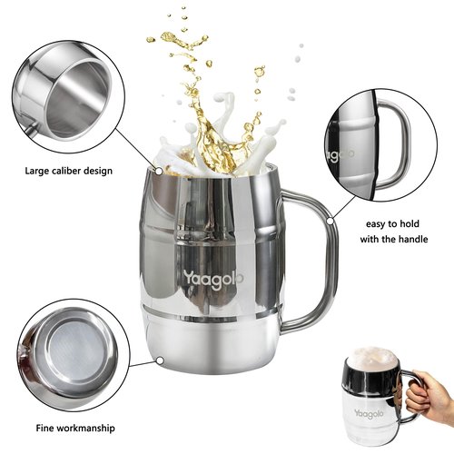 Yaagolo Insulated Beer Stein, 2 Pack 32oz Double Wall Stainless Steel Beer Stein with Handle, Insulated Stein Mug for Cold Drinks, Hot Coffee, Milk, Shatterproof Cups for Men Women