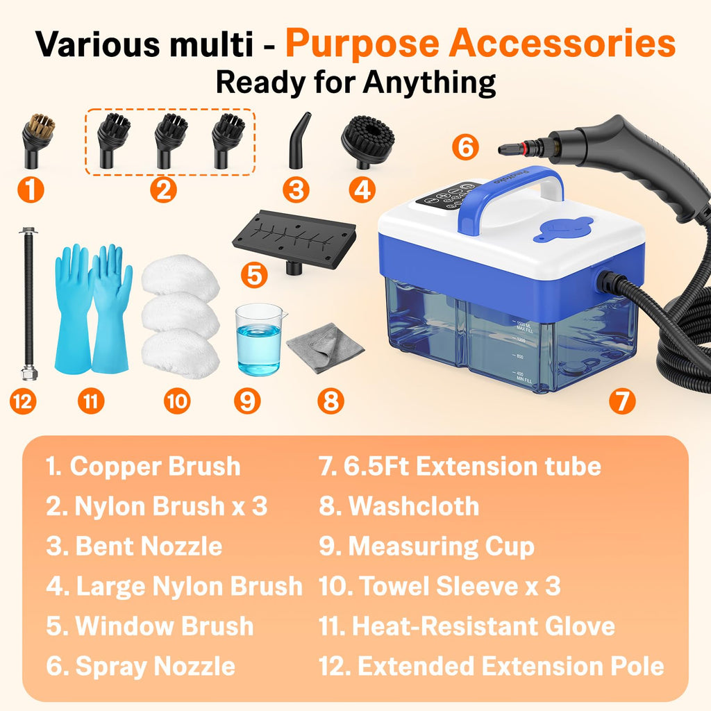 2500W Handheld Steam Cleaner with 16pcs Accessories & 1.6L Tank, 10S Fast Heating & High Temperature Portable Steam Cleaner for Home, Car, Steamer for Cleaning Windows, Grout, Upholstery and More