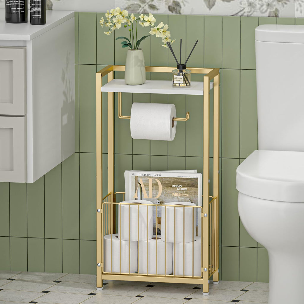 Toilet Paper Holder with Storage Shelf - Freestanding Roll Dispenser for Bathroom, Bathroom Organizer for Tissues and More Gold