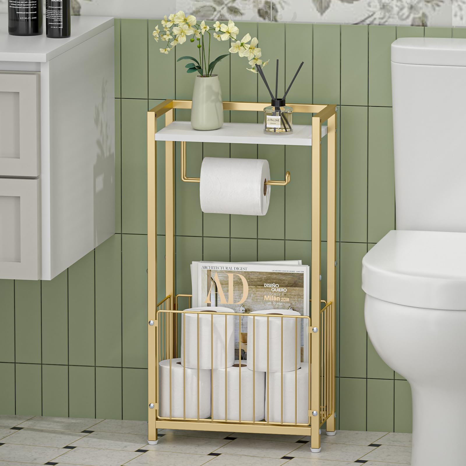 Toilet Paper Holder with Storage Shelf - Freestanding Roll Dispenser for Bathroom, Bathroom Organizer for Tissues and More Gold