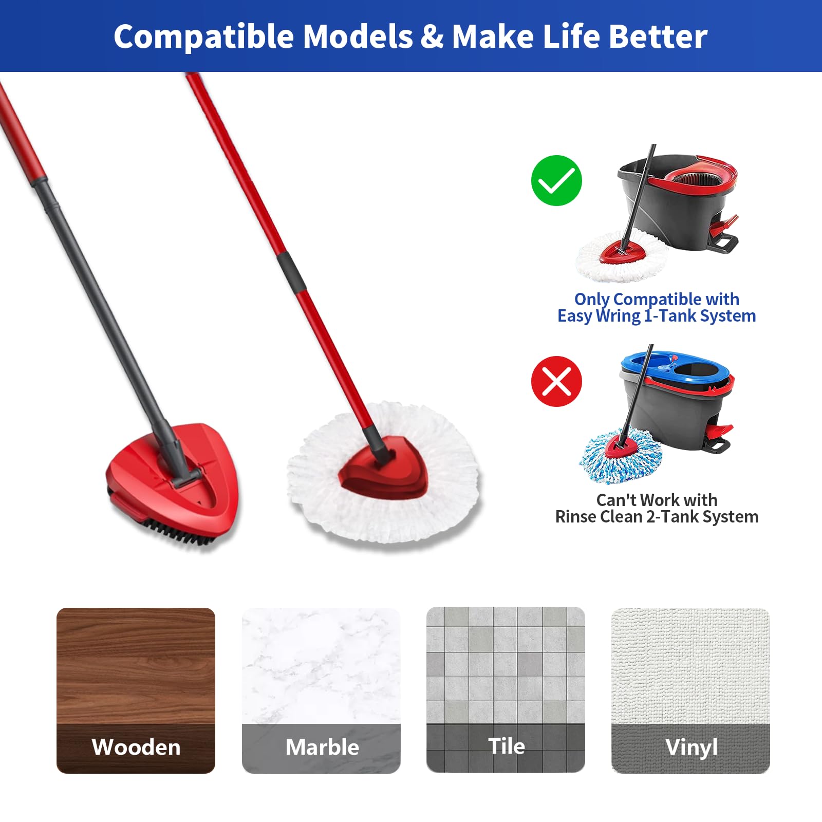 10-Pack Compatible with O-Cedar Mop Heads Replacements: 2 Mop Scrub Brush Head + 8 Microfiber Spin Mop Refills for EasyWring 1-Tank System - Enhanced Cleaning Performance
