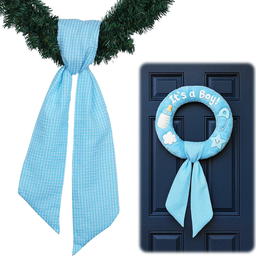 Skiennix Blue Gingham Wreath Sash - 5.12" Wide x 54.33" for Baby Shower & Summer Decor